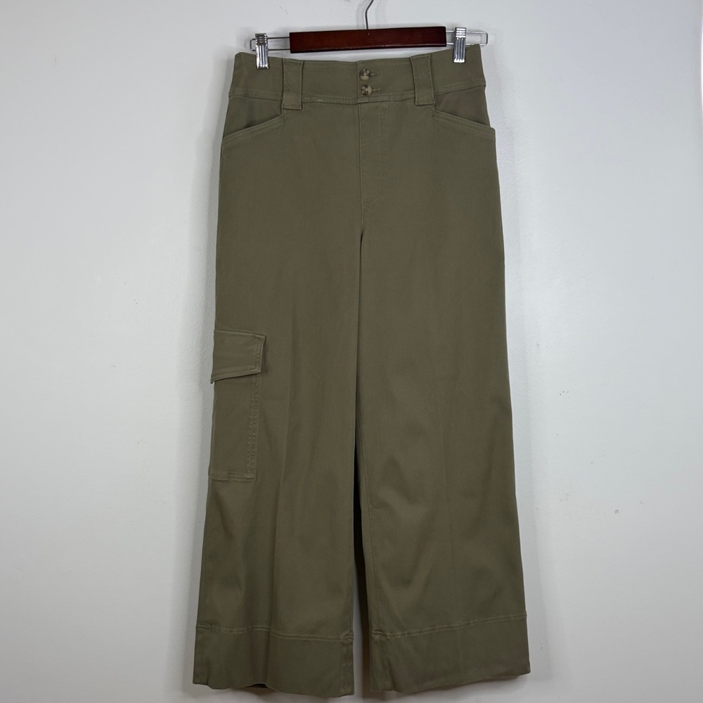 Spanx Pants Womens Medium Olive Green Wide Leg Stretch Twill Cargo Cropped